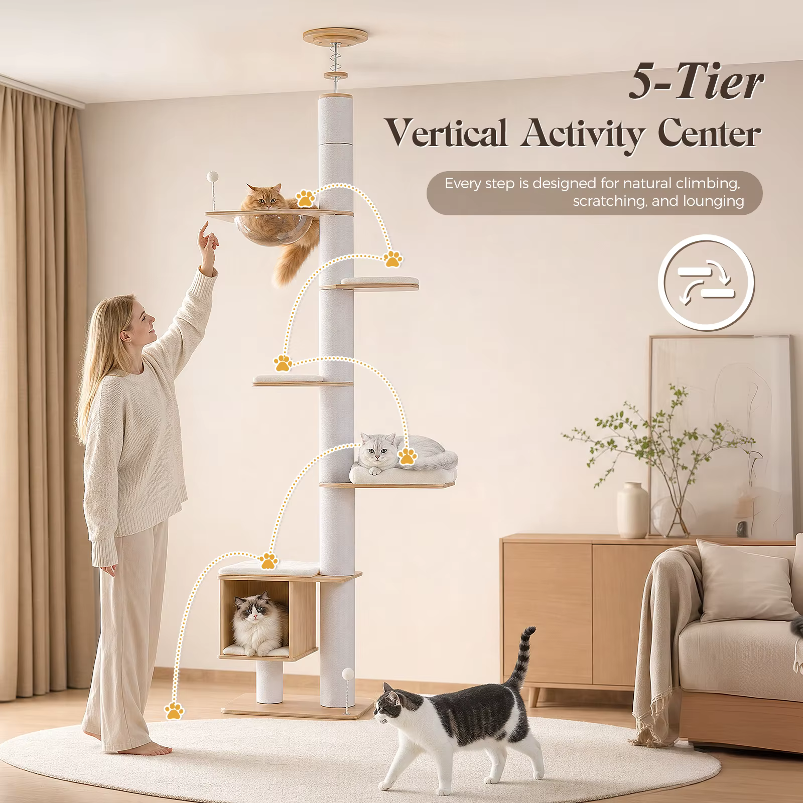 Árbol rascador para gatos extensible de piso a techo, sisal