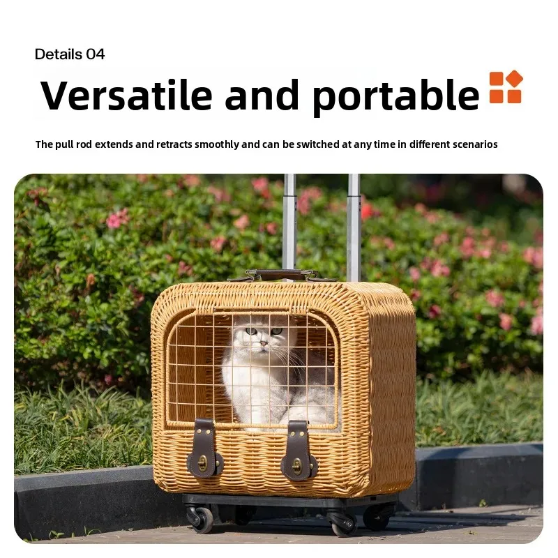 Carrito de transporte transpirable de ratán con ruedas para gatos - imagen 2