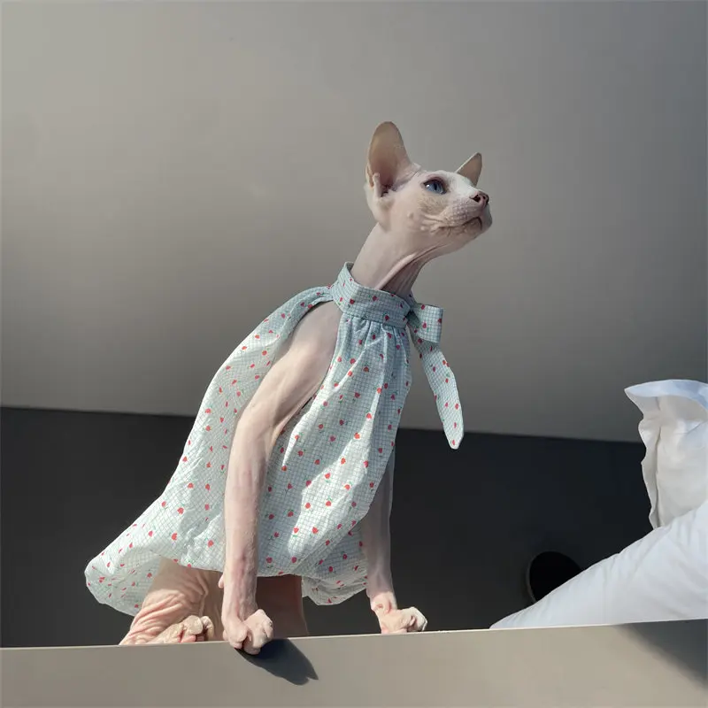 Ropa de verano para gatos Sphynx: vestido de algodón azul claro - imagen 3