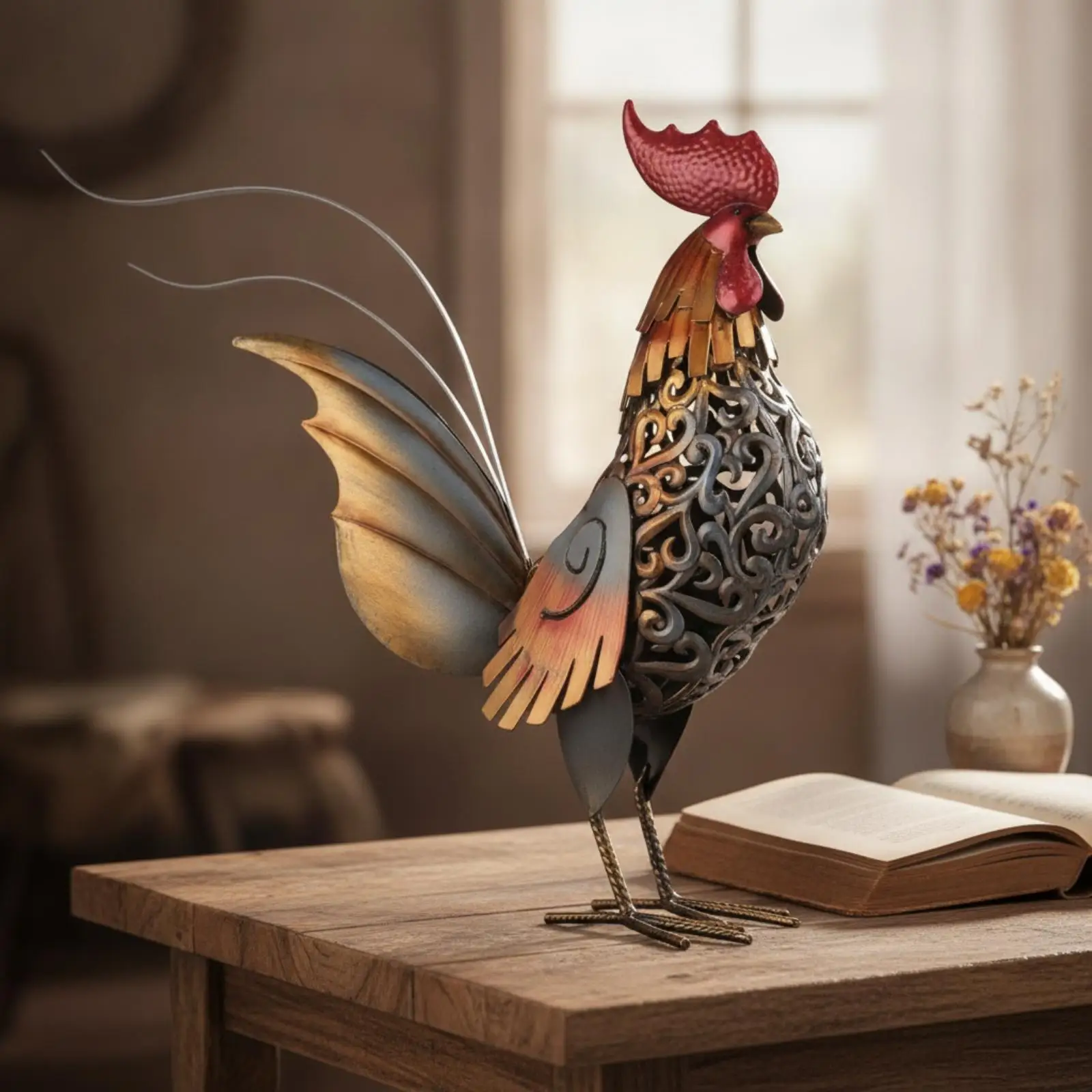 Figura gallo metal hueco Feng Shui decoración mesa repisa