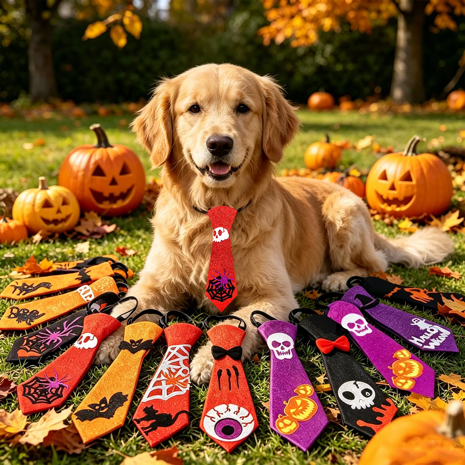 Corbata ajustable para perro grande de Halloween con calabazas