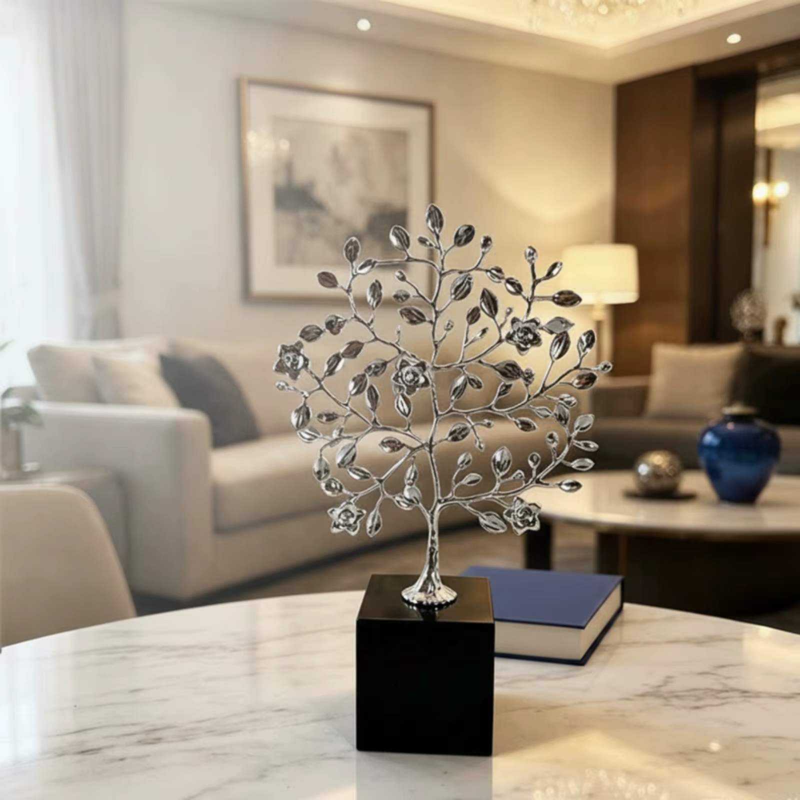 Escultura de árbol metálico con pedestal – Adorno decorativo moderno para hogar - imagen 3