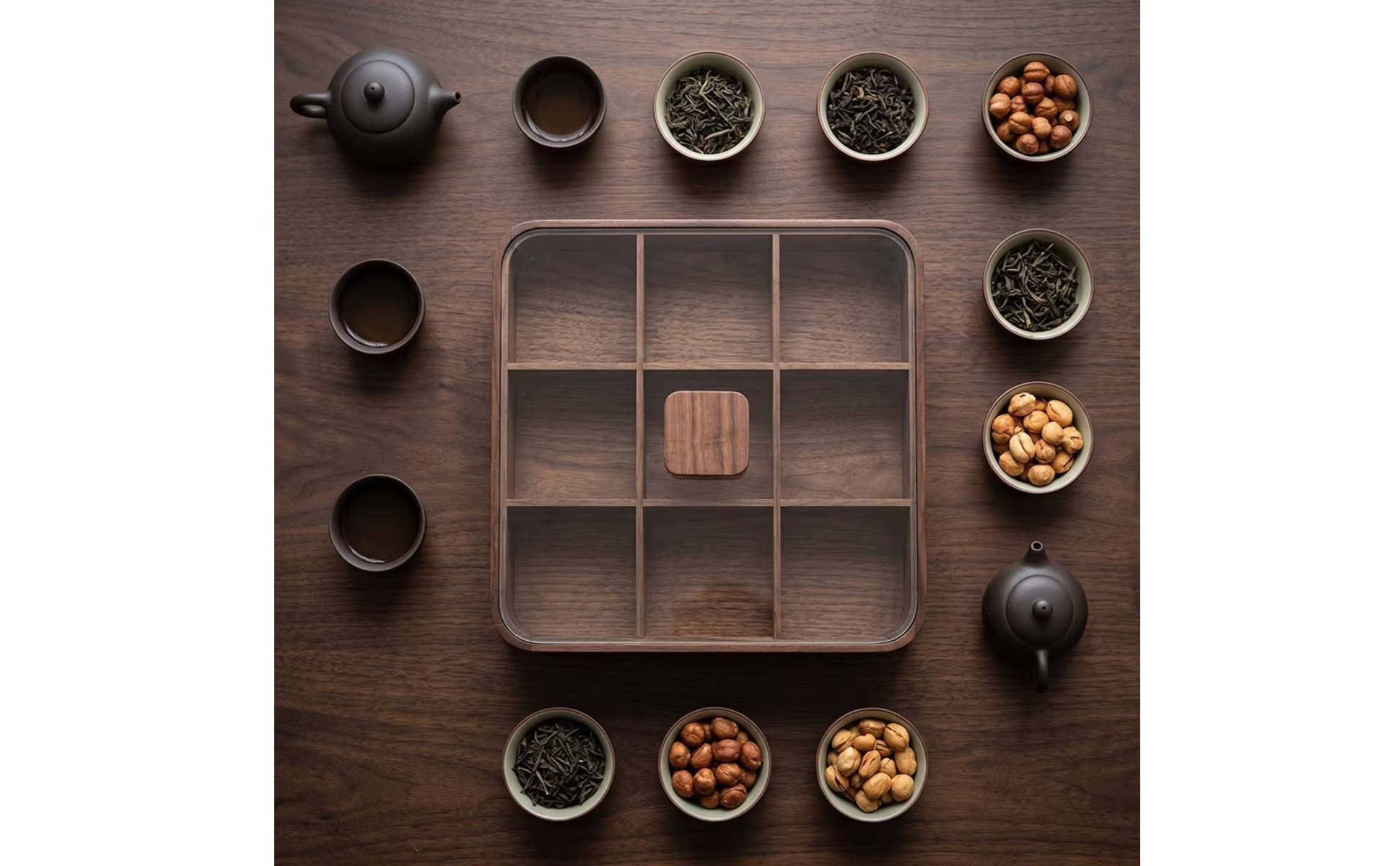 Caja de té con tapa de vidrio en madera de nogal