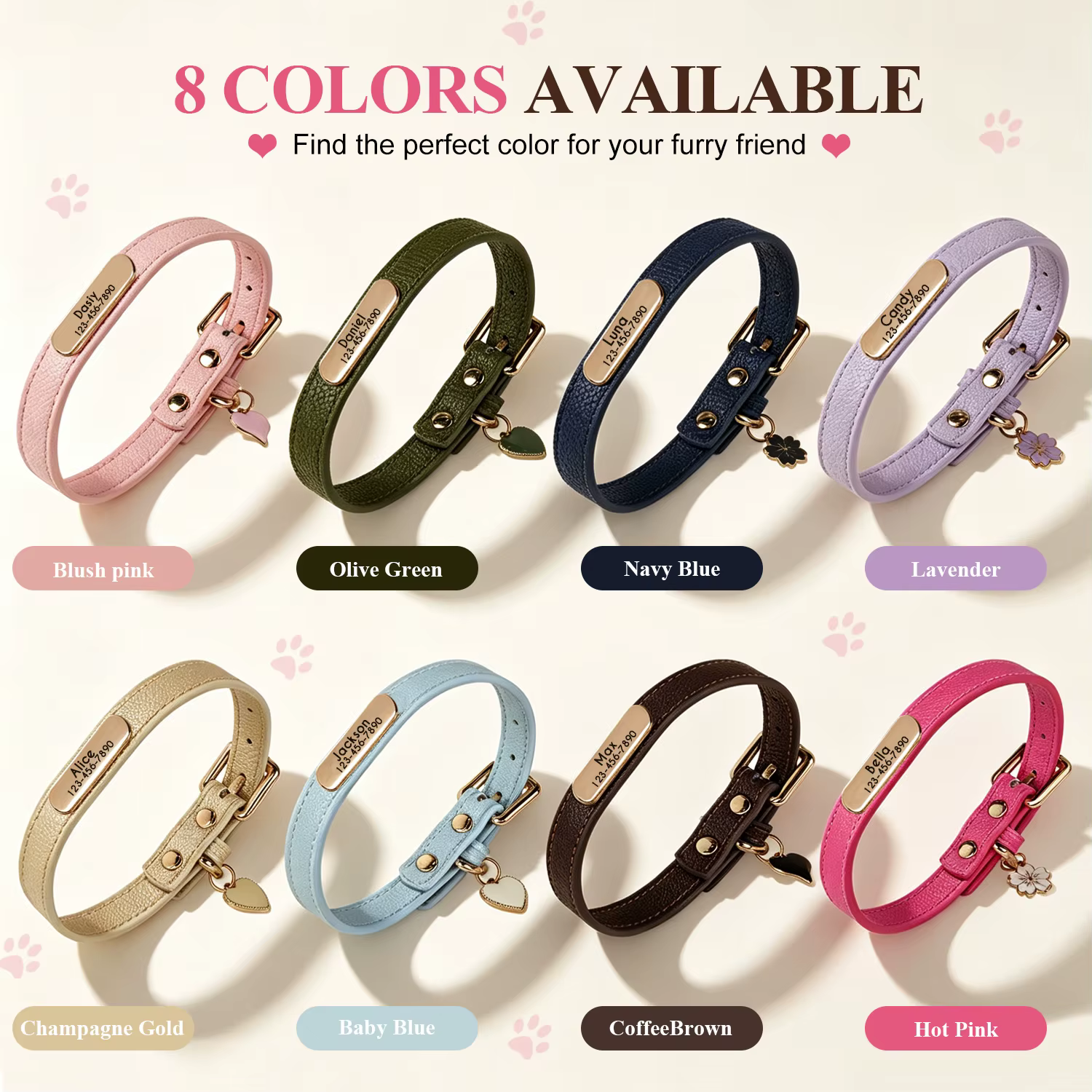 Collar personalizado de cuero PU para perro con nombre y placa