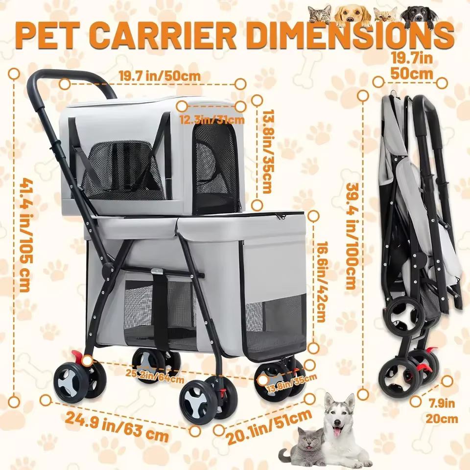 Carrito doble para perros pequeños y gatos – Plegable con transportador - imagen 5