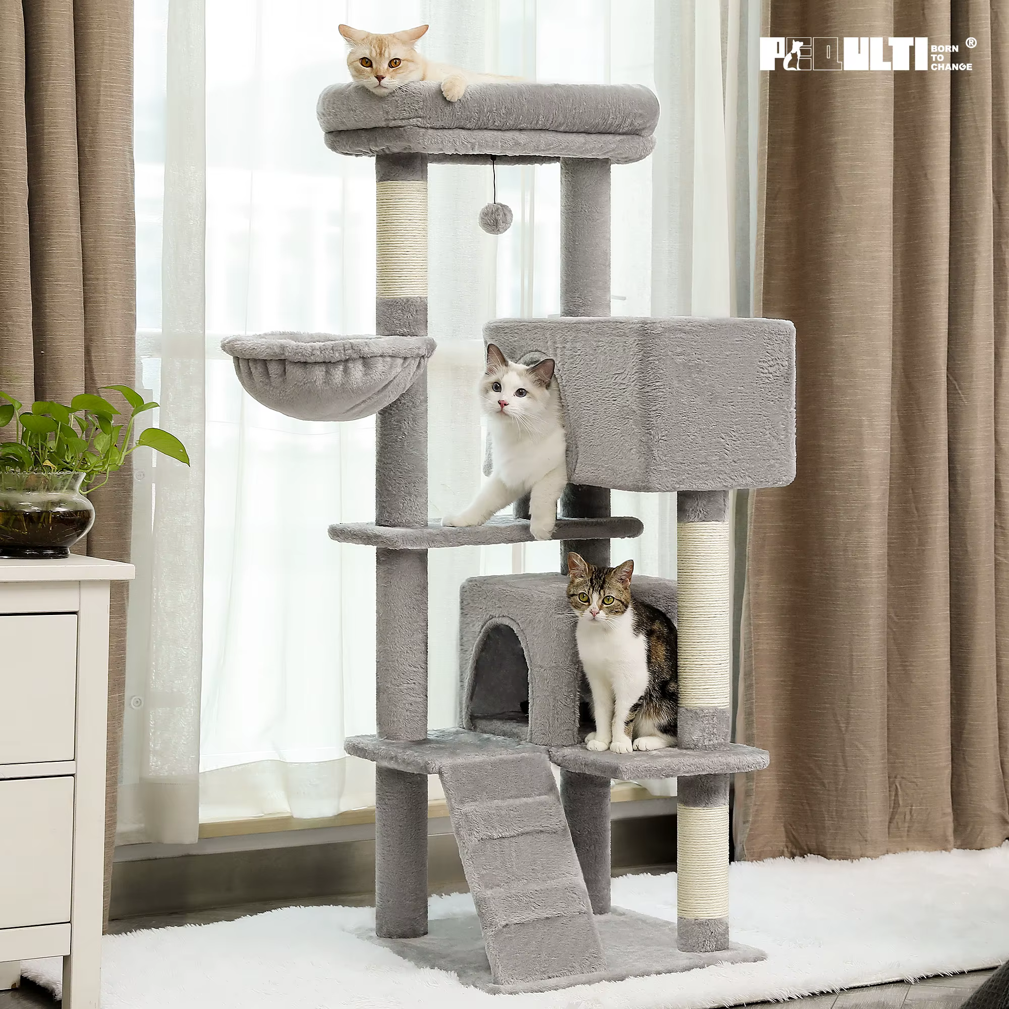 Árbol rascador multinivel para gatos con postes de sisal y hamaca - imagen 4