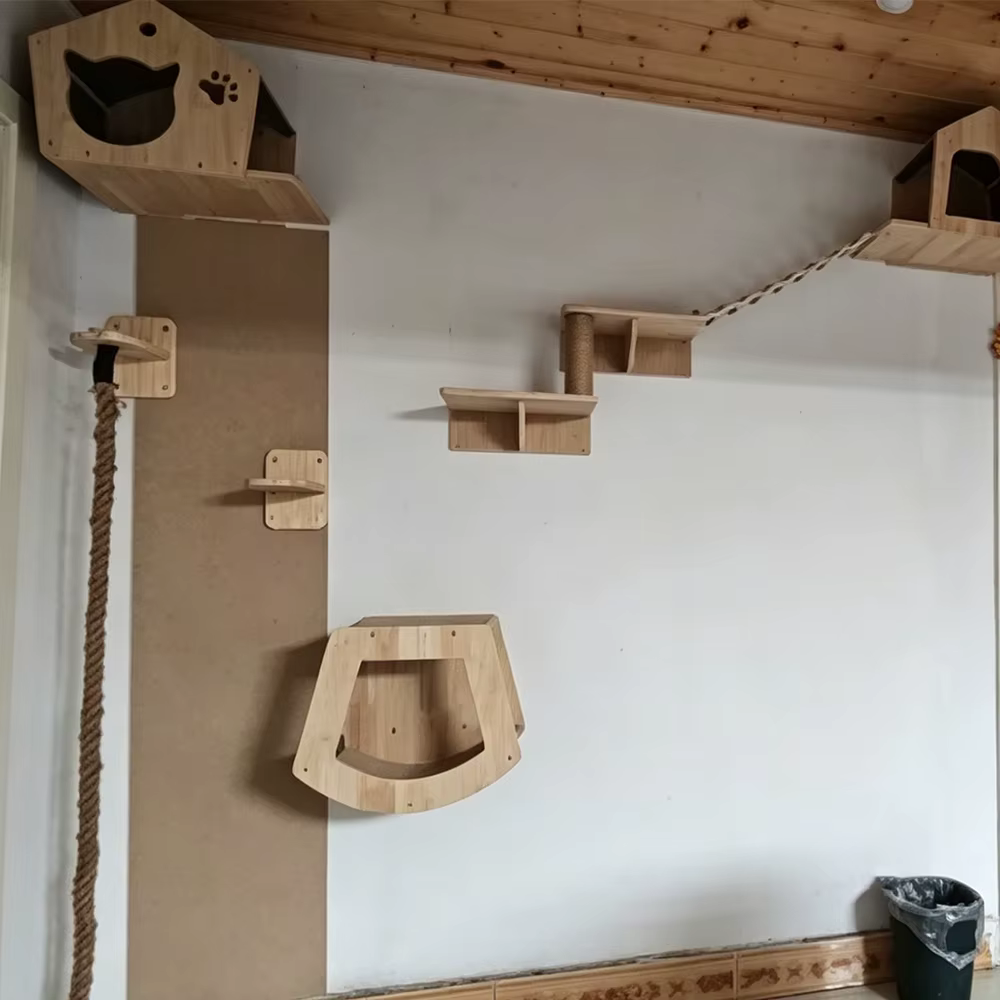 Estantes de pared de madera para felinos con poste rascador y mirador - imagen 5