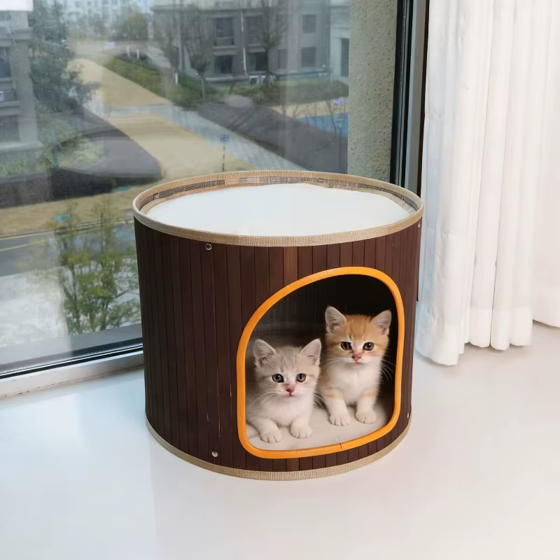 Casa cueva redonda de bambú 2 en 1 para gatos, desmontable transpirable - imagen 2