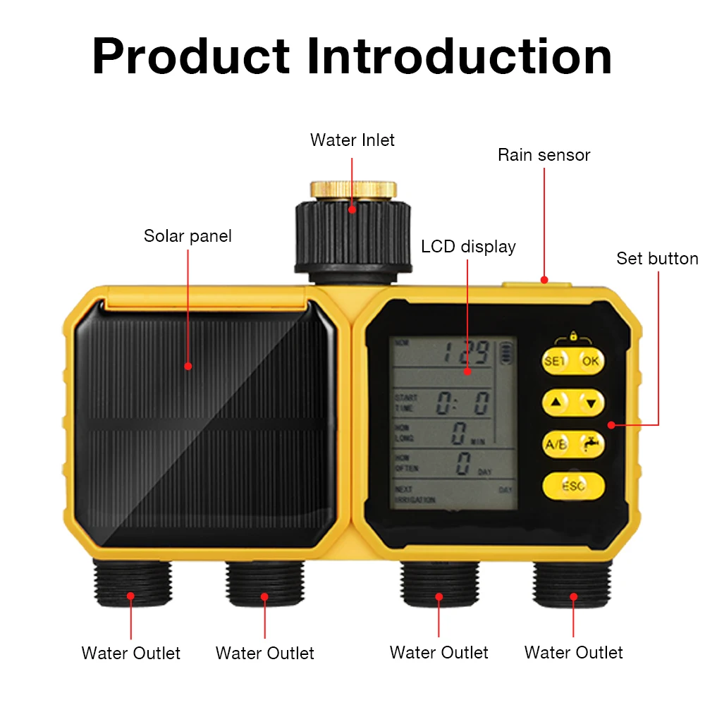 Temporizador de riego solar con sensor de lluvia y LCD para mascotas