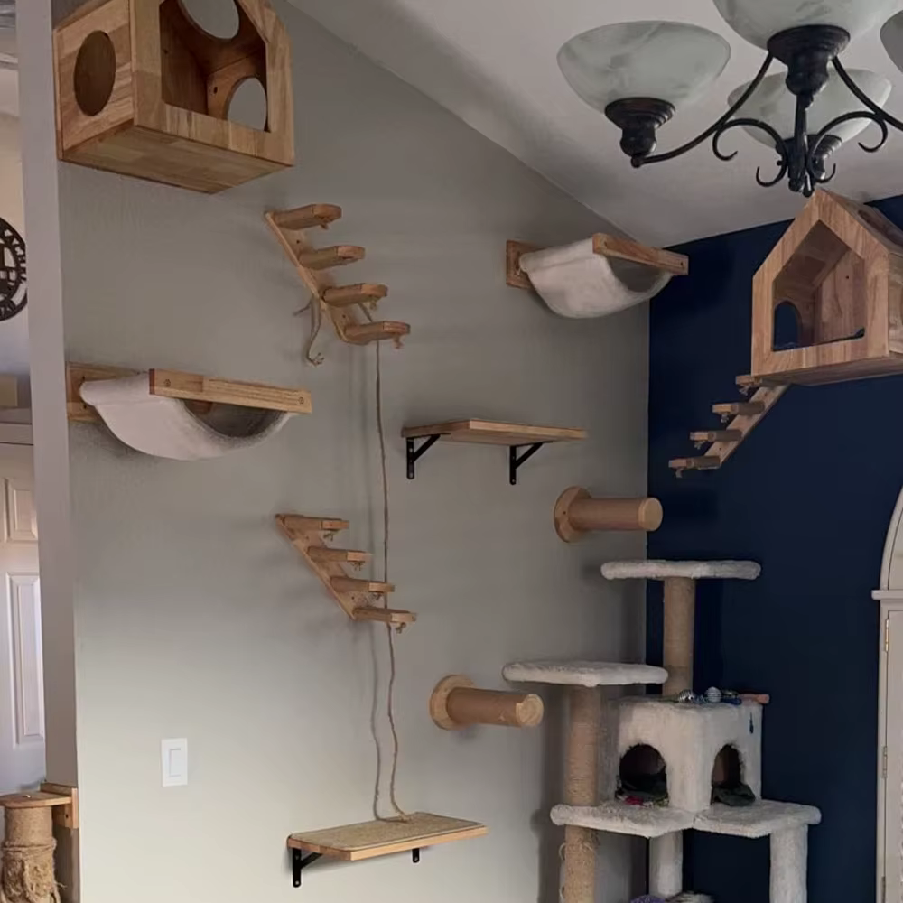 Rascador de pared para gatos con escalera, nido y plataformas