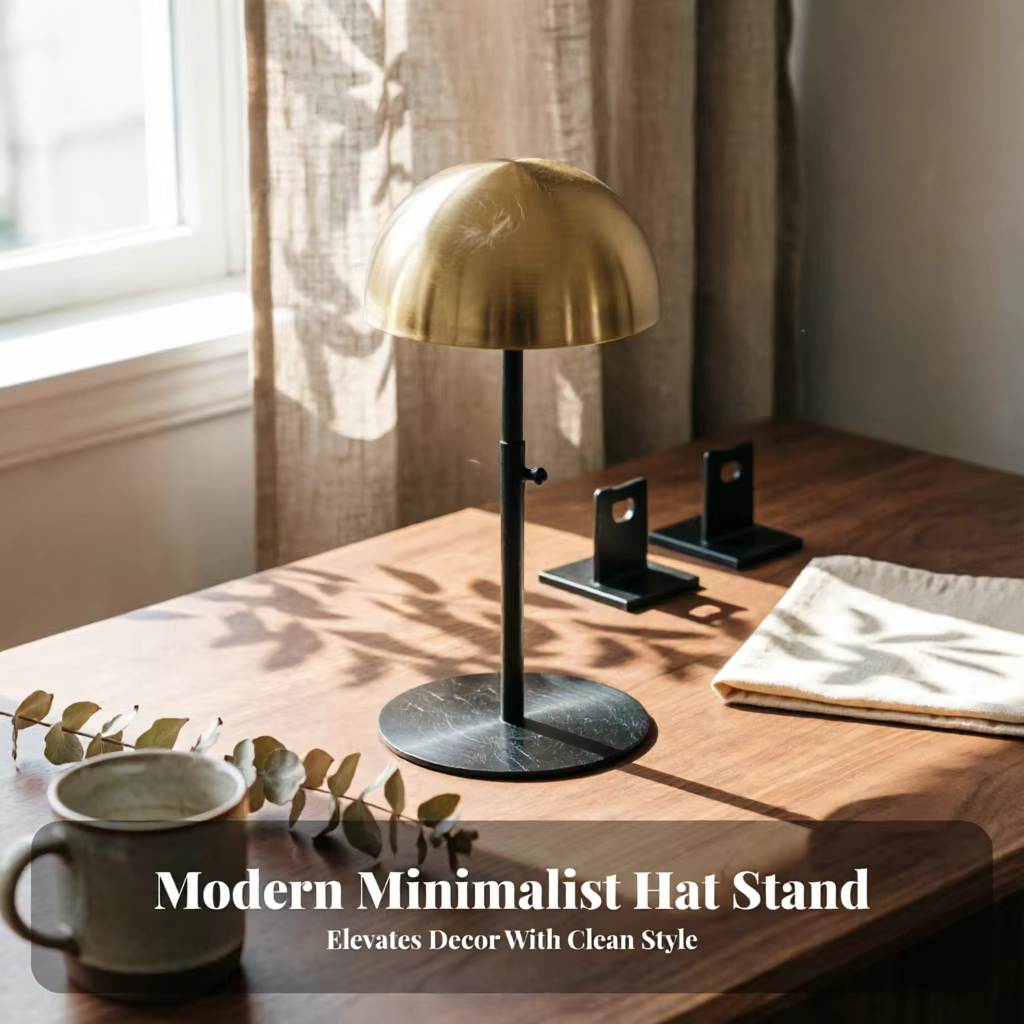 Soporte ajustable para exhibición de sombreros de metal y madera con base