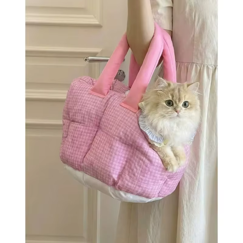 Mochila rosa a cuadros para transportar gatos y perros pequeños – Transpirable y lavable - imagen 2