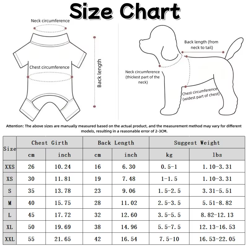 Tabla de tallas del vestido de verano para perro con medidas en centímetros