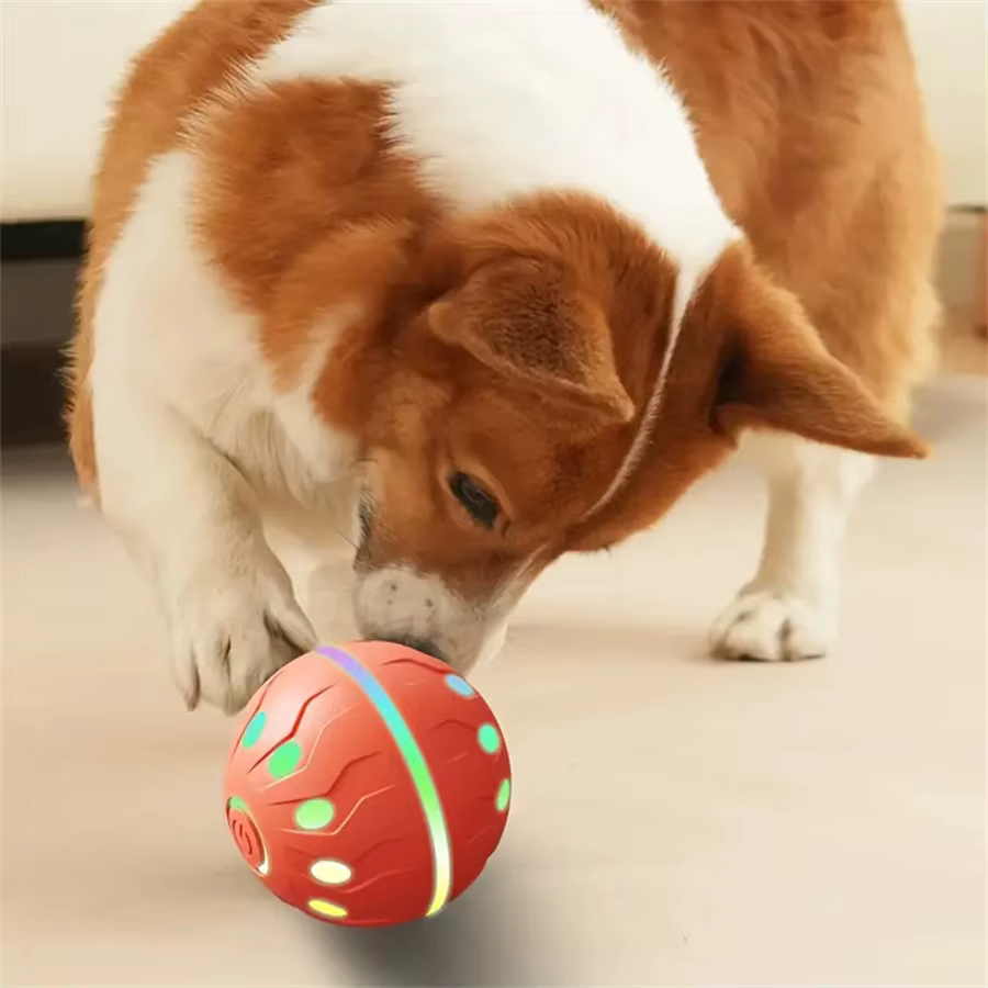 Pelota interactiva PetTumbly con vista superior y detalles del interruptor