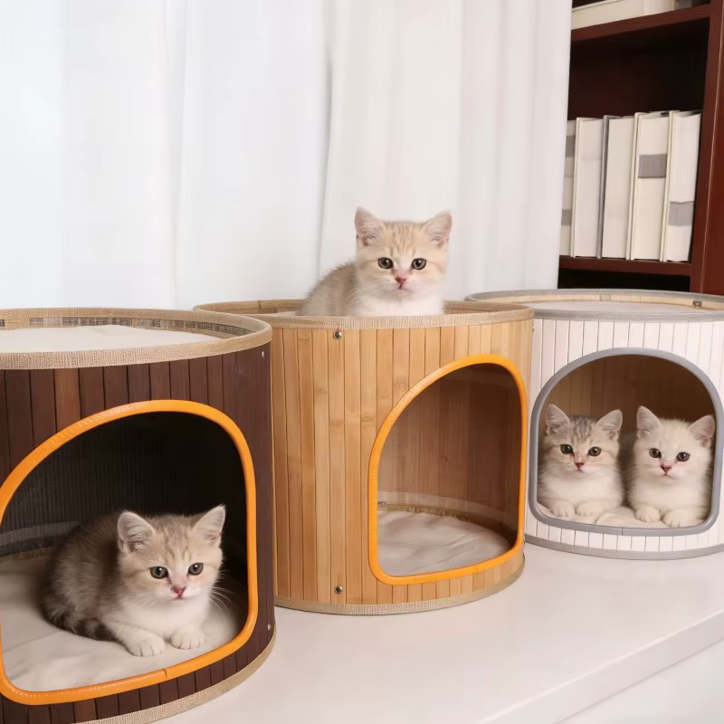 Casa cueva redonda de bambú 2 en 1 para gatos, desmontable transpirable - imagen 3