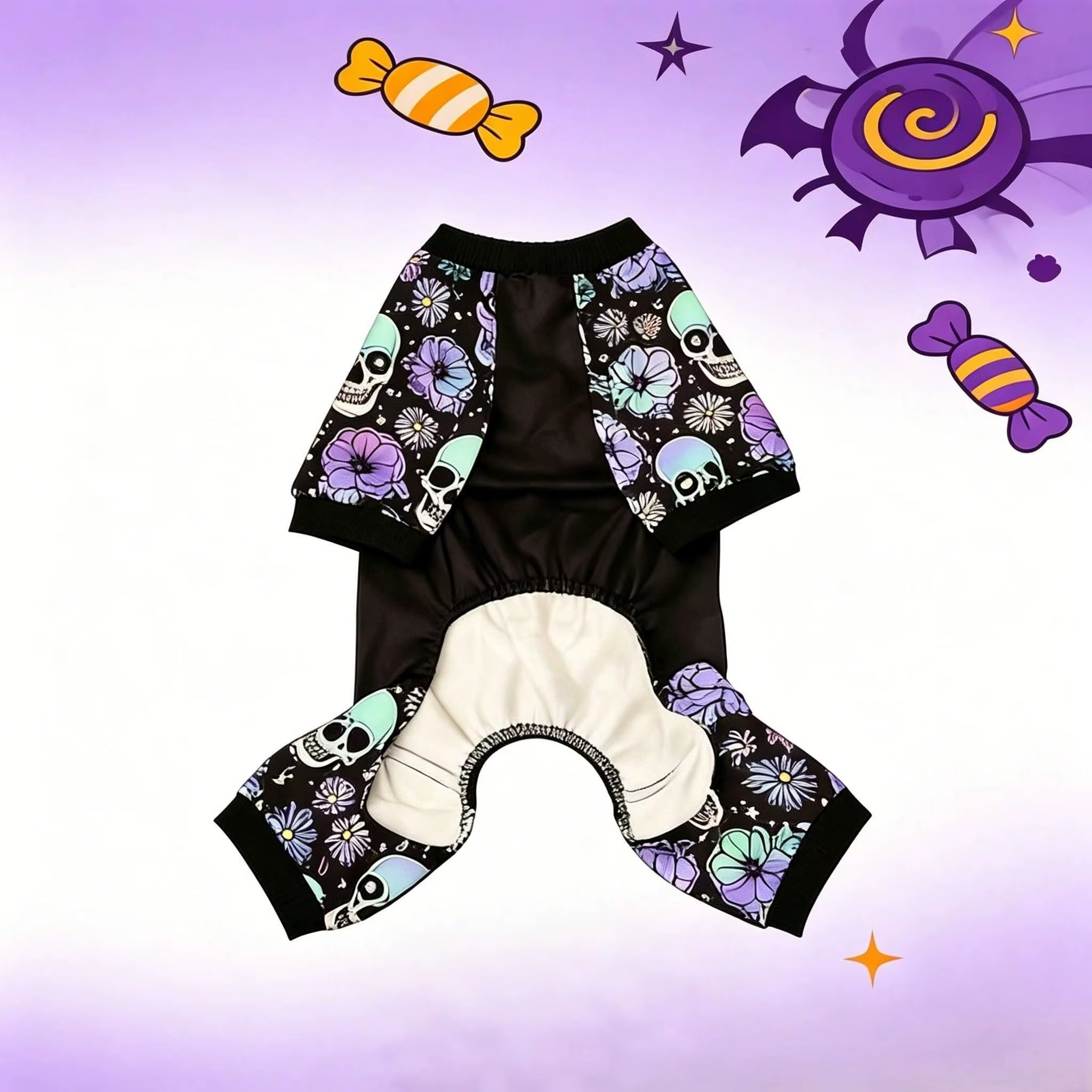 Gato usando el pijama de Halloween con calavera iridiscente