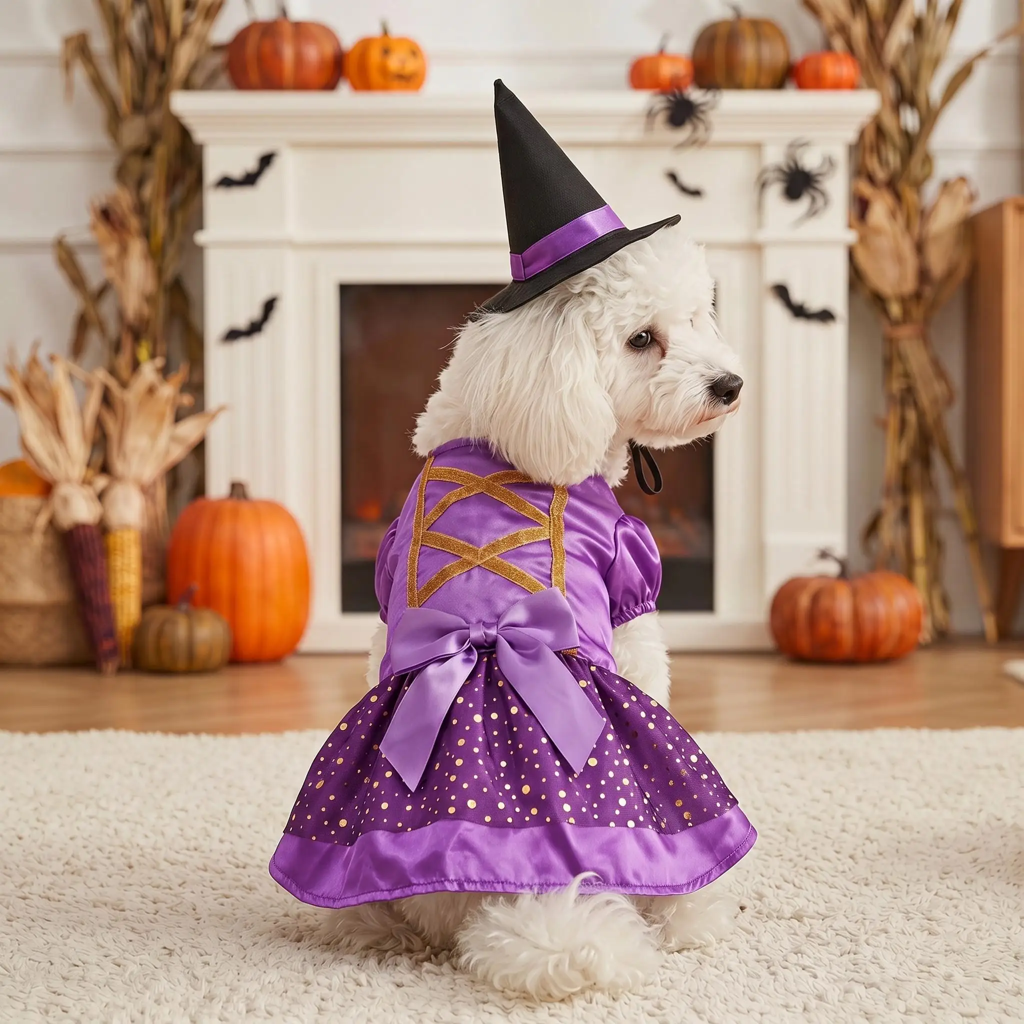 Disfraz de bruja para mascota con falda morada y sombrero