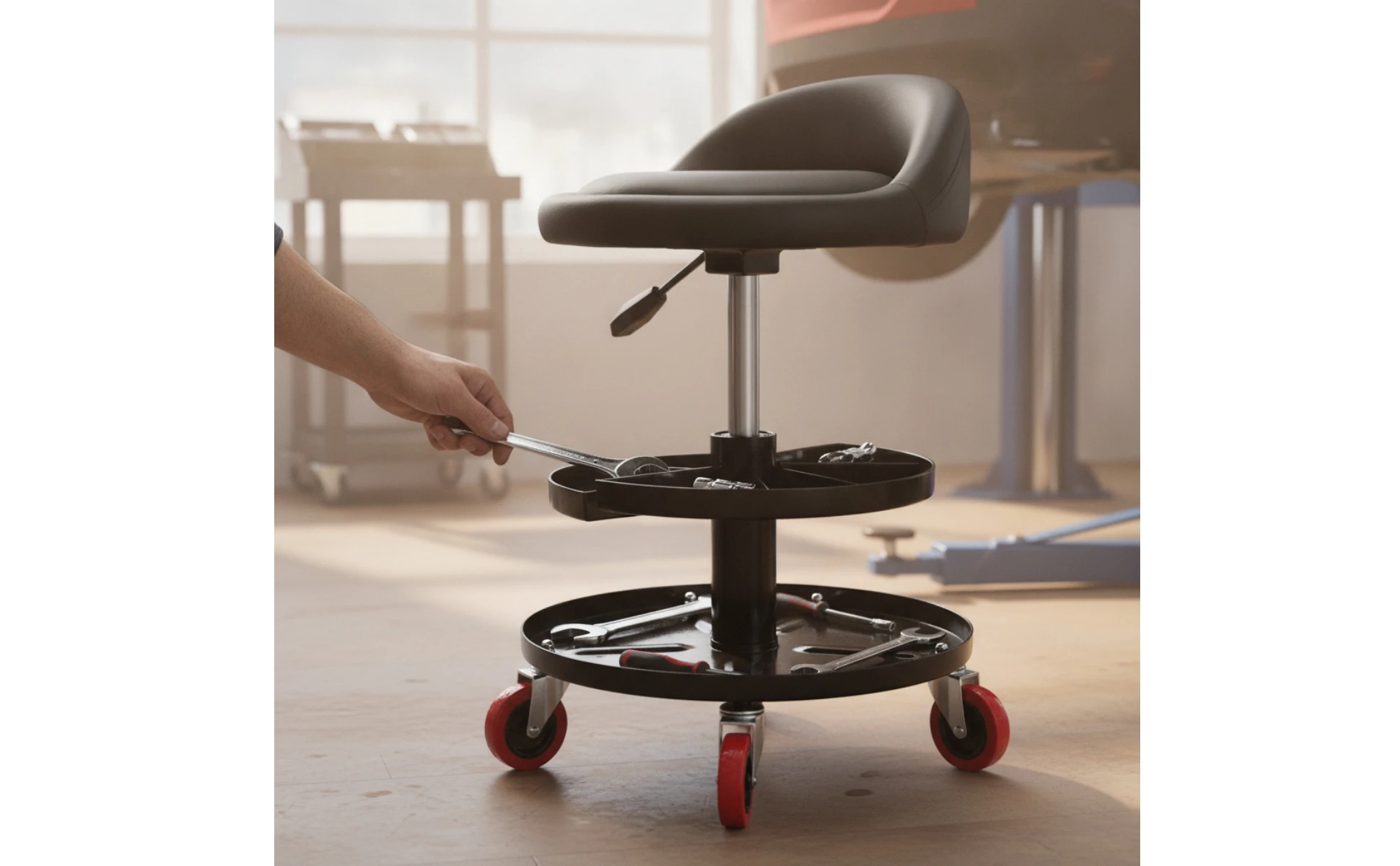 Taburete con bandejas organizadoras debajo del asiento