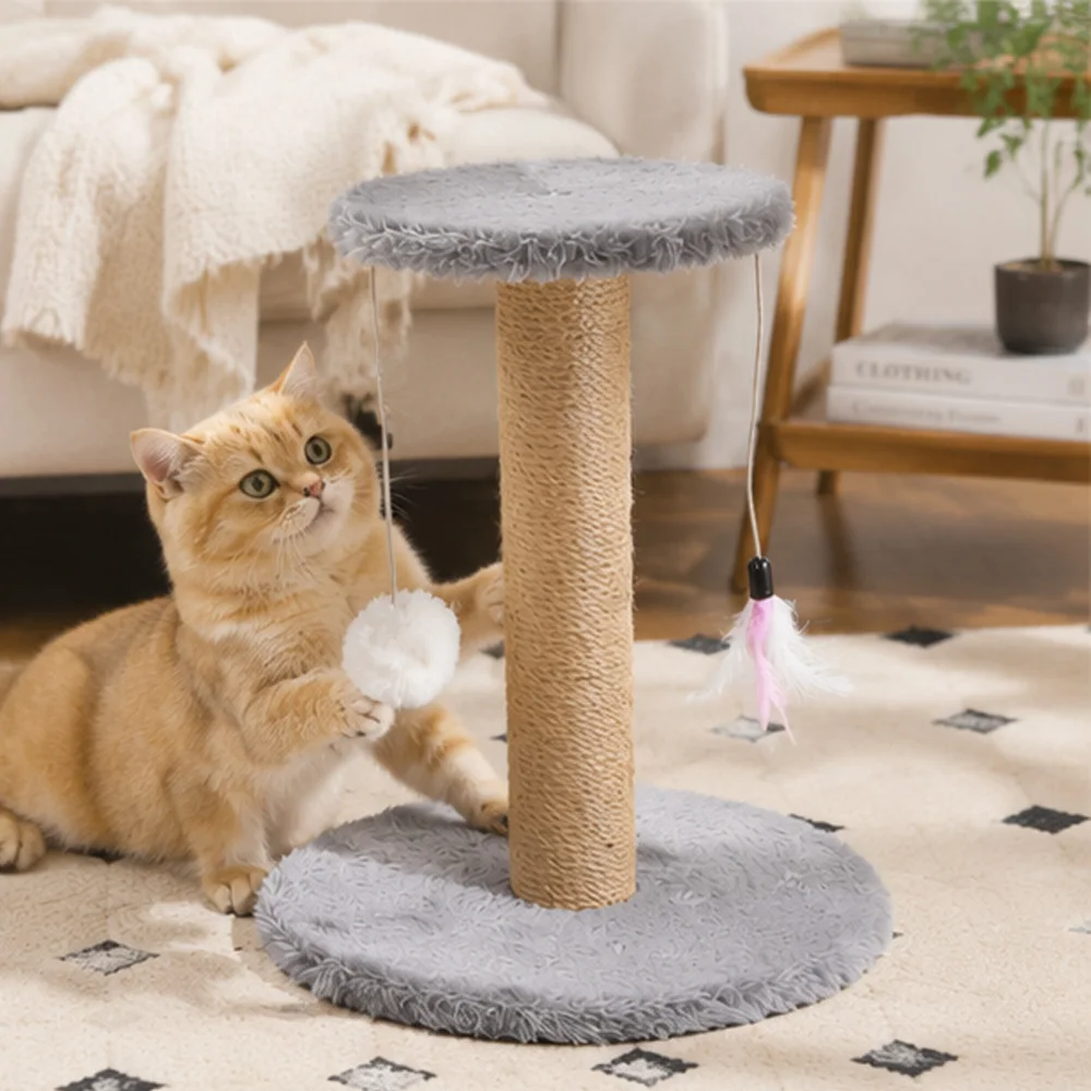 Rascador torre sisal natural para gatos con pompones y plumas - imagen 2