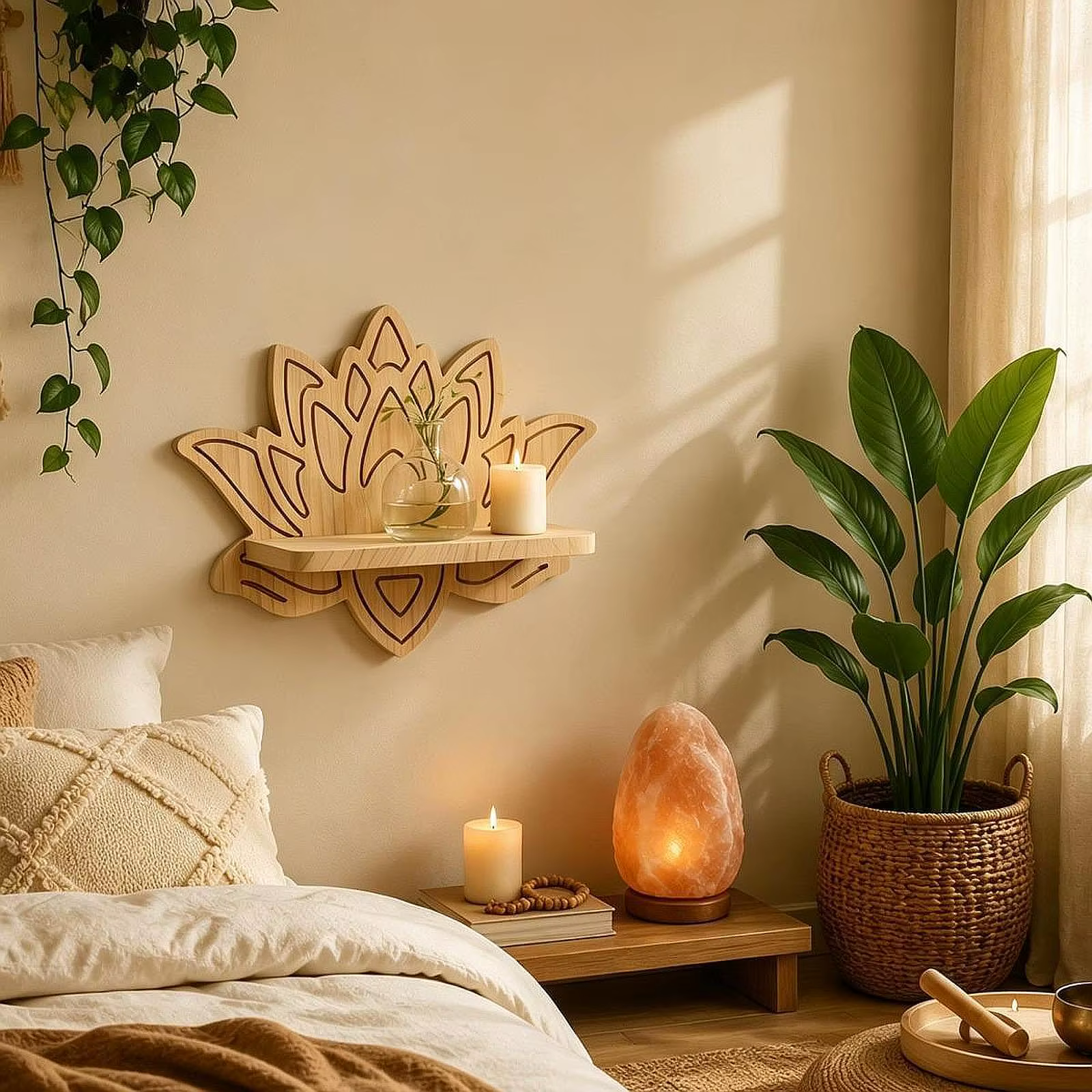Estante de pared de madera para gatos con diseño flor de loto - imagen 2