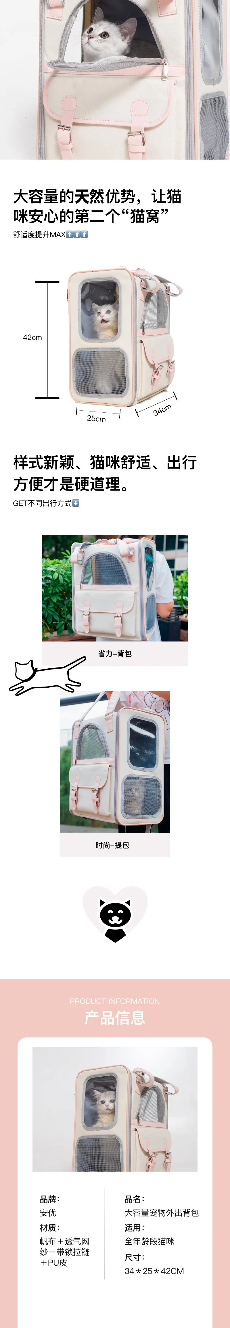 Mochila para gatos con ventanas de malla transpirable