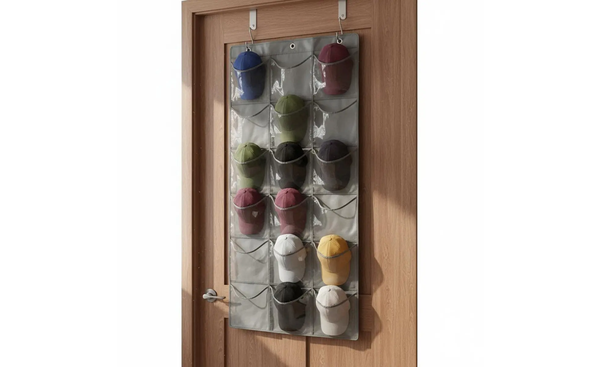 Organizador colgante para gorras con bolsillos transparentes