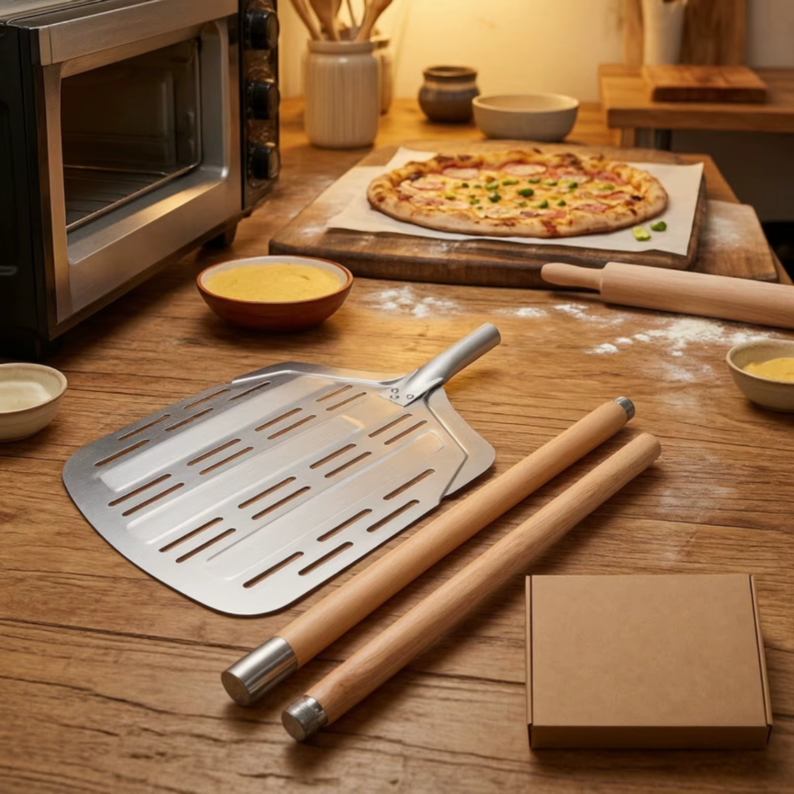 Pala para pizza perforada con mango de madera - imagen 3