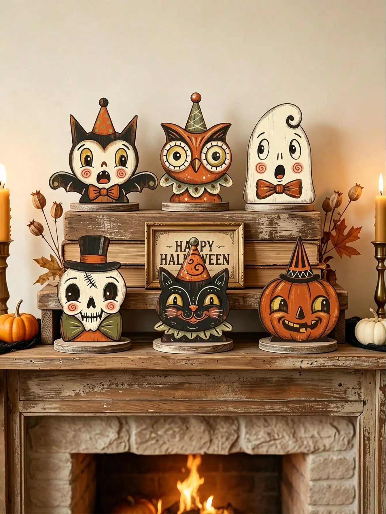Set Decoraciones Halloween Vintage para Casa – Adornos de Madera