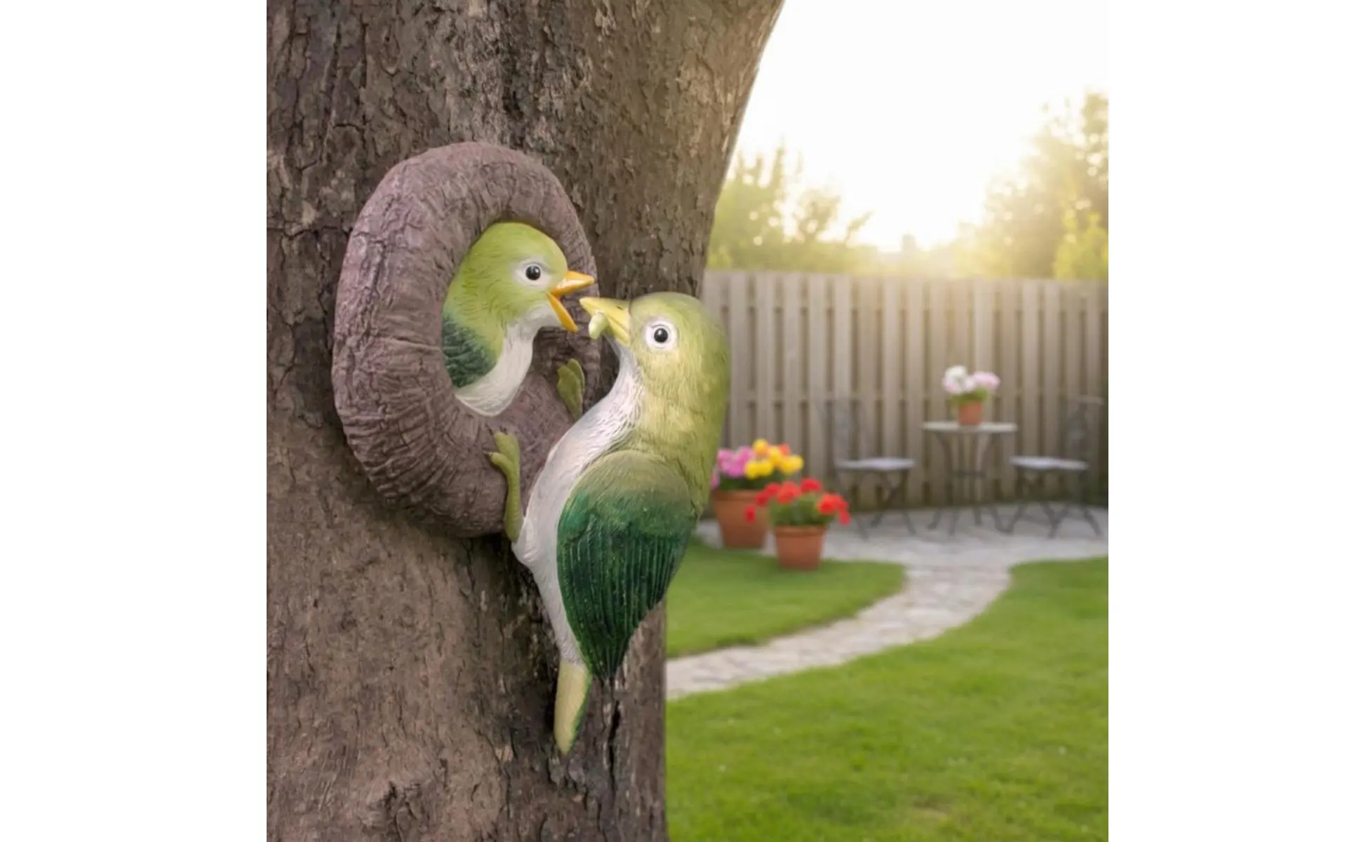 Figura decorativa de pájaros integrada en jardín con plantas