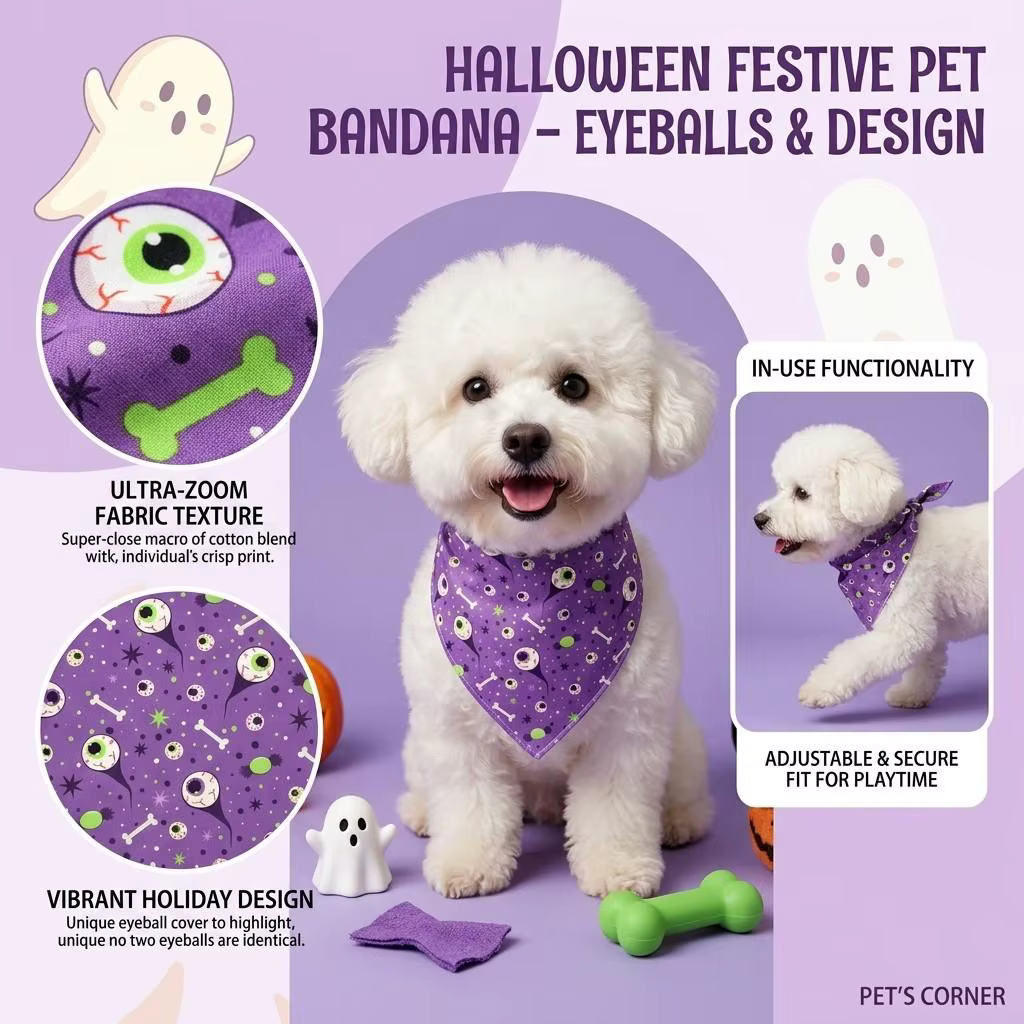 pañuelo triangular morado para perro de Halloween con estampado de ojos y huesos espeluznantes uso como babero