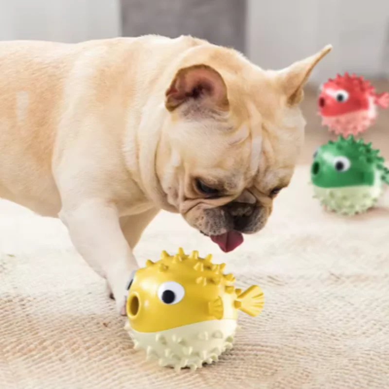 Perro jugando con juguete pez