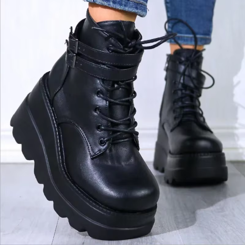 Botines góticos negros de mujer con tacón grueso y plataforma - imagen 5