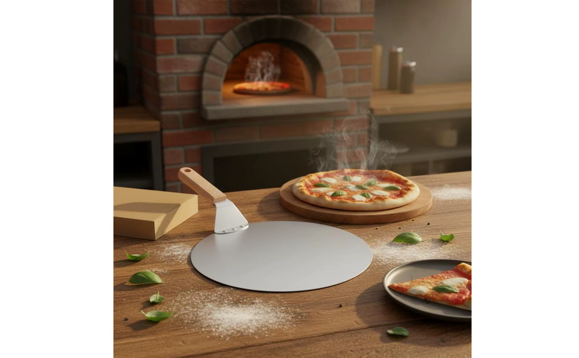 Pala para pizza con mango de madera y superficie de acero inoxidable