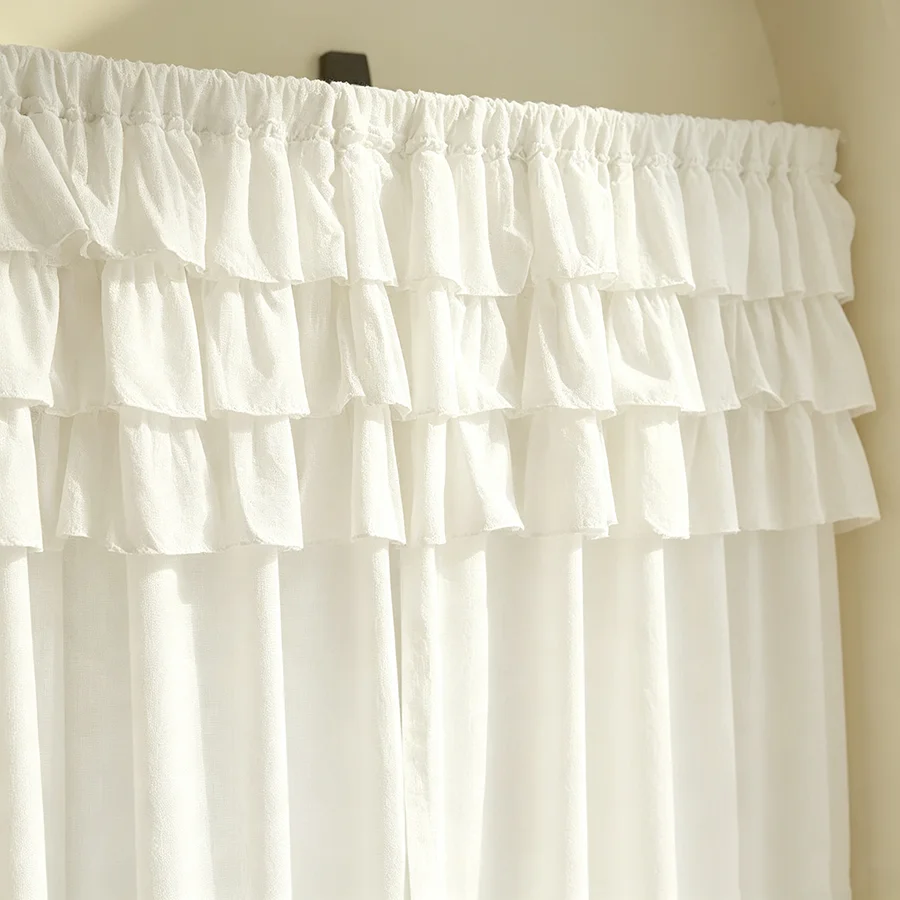 Cortina francesa opaca de algodón con volantes para dormitorio y salón