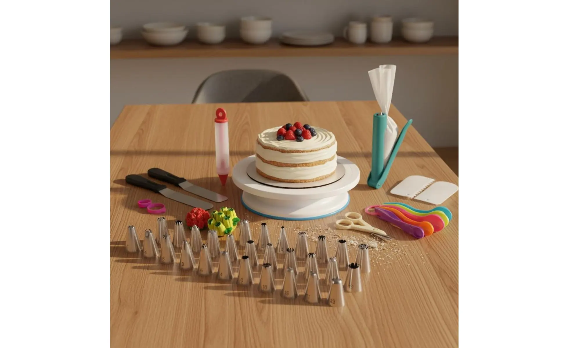 Set de herramientas para decoración de pasteles con plato giratorio y boquillas