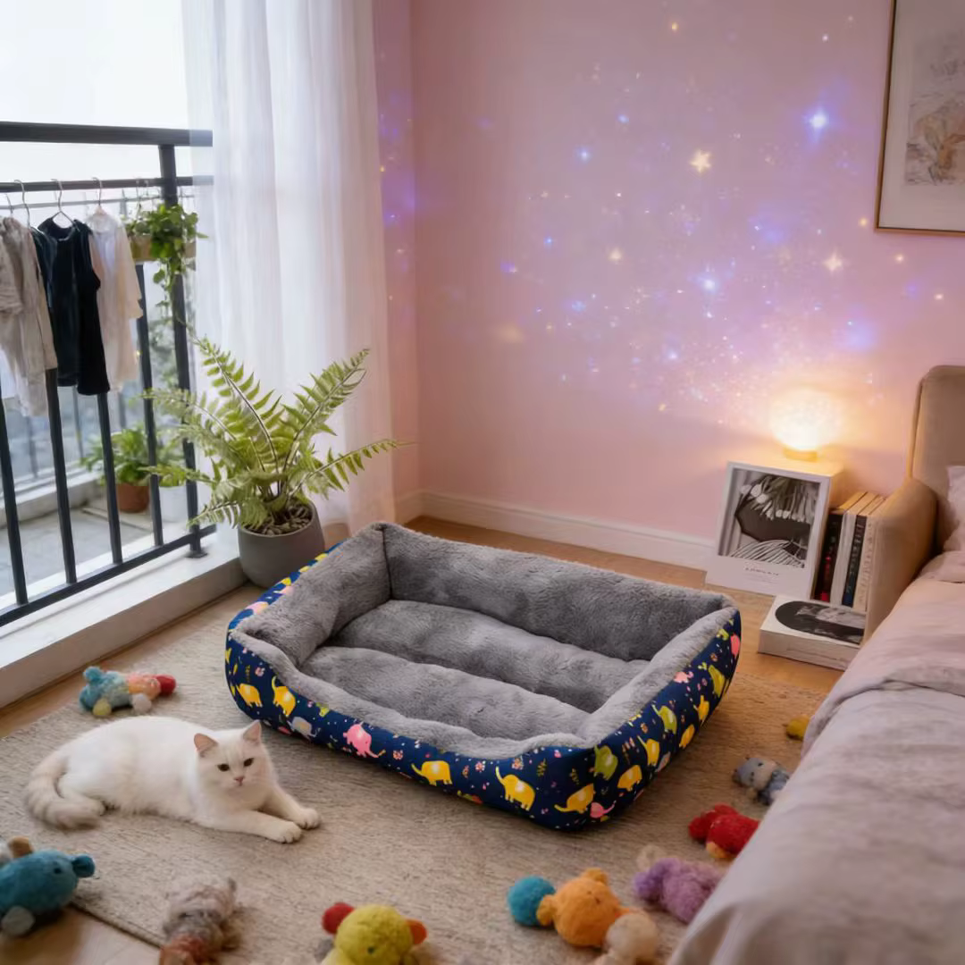 Vista frontal de la cama para mascotas de felpa