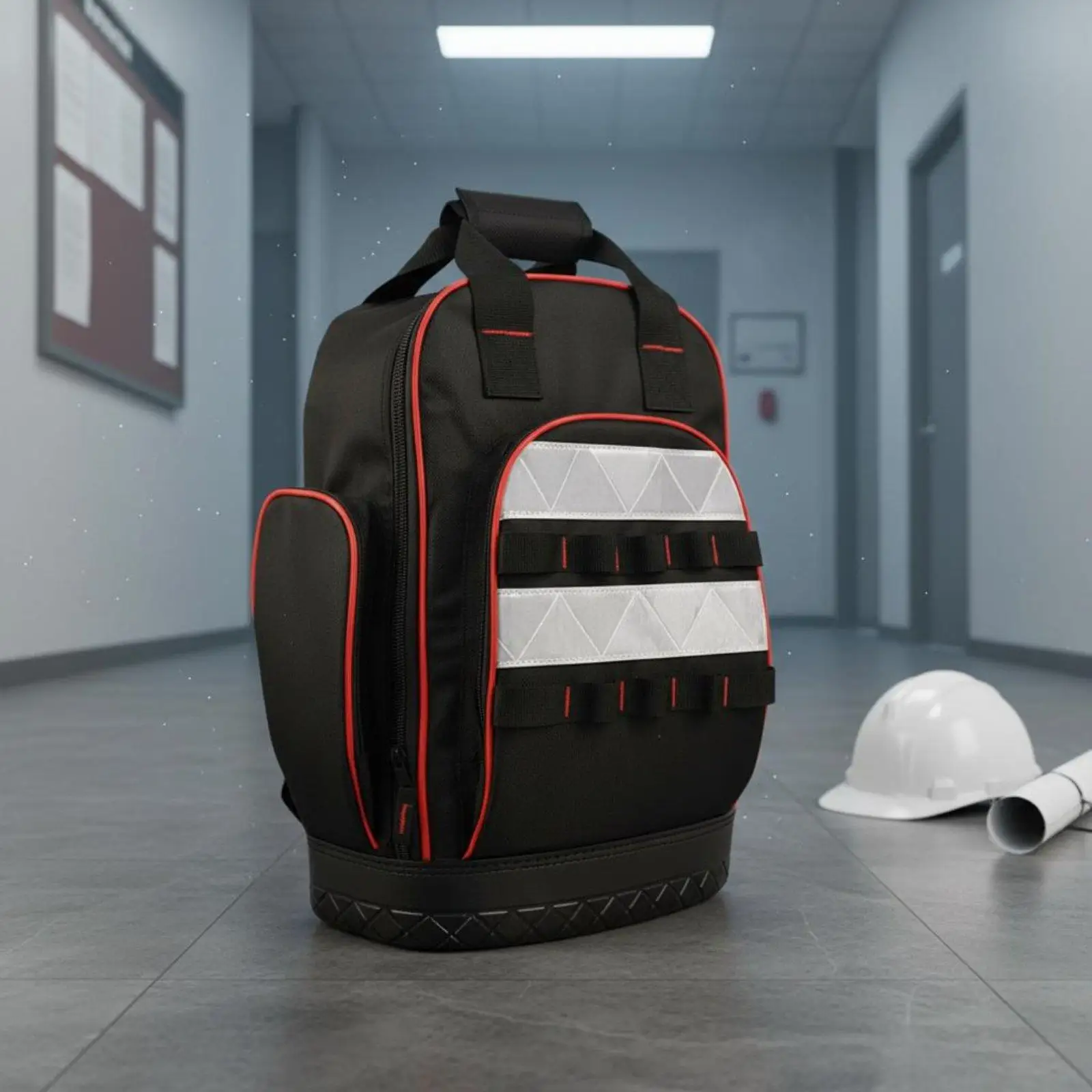 Mochila colgada en un gancho, mostrando su portabilidad y asas de transporte