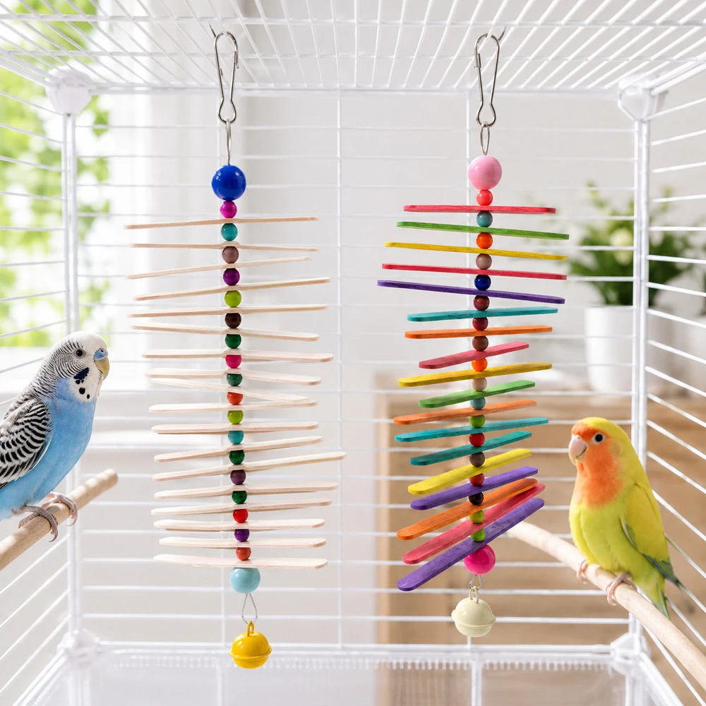 Juguete masticable para loros y aves – Colgante de madera con cascabeles - imagen 5