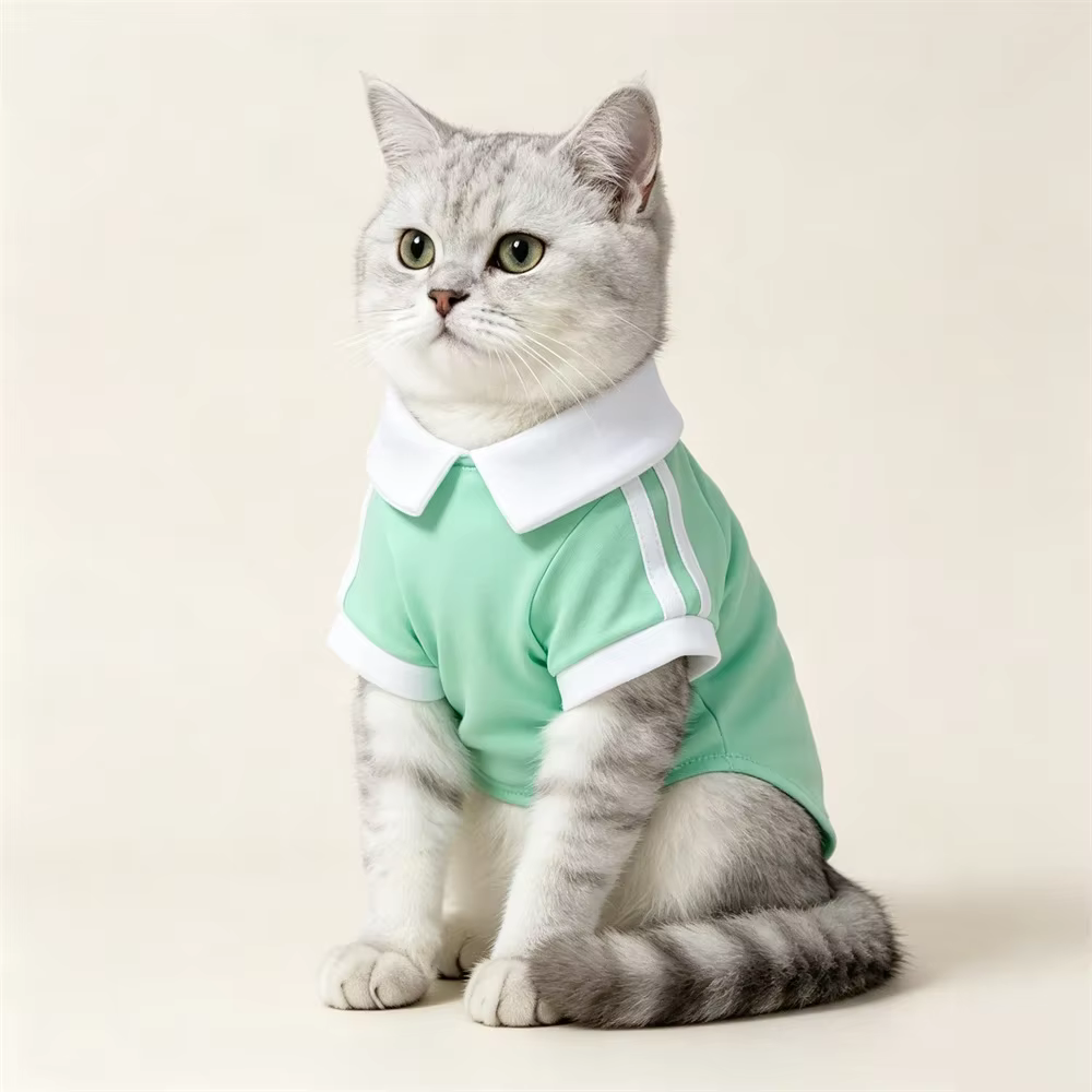 Detalle del tejido y costuras de la camiseta para gato
