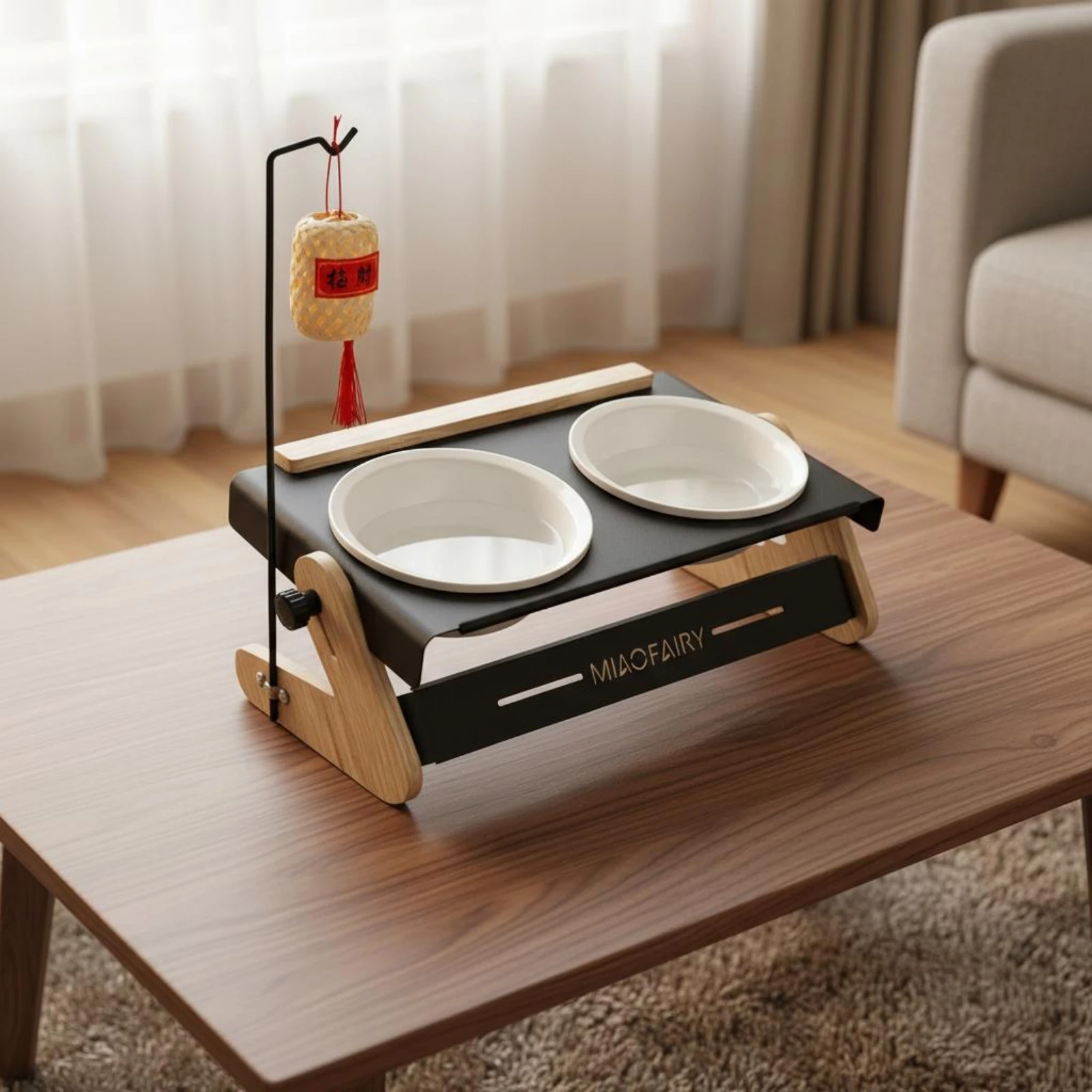 Comedero doble elevado para gatos y perros con laterales de madera