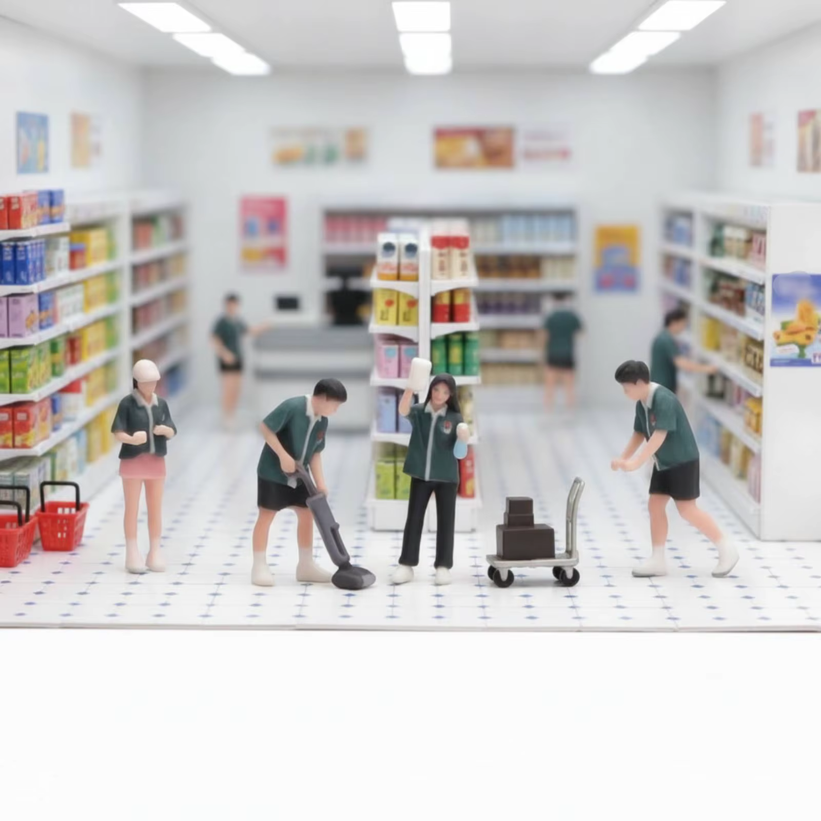 Figuras miniatura 1:64 trabajadores tienda conveniencia carrito - imagen 5