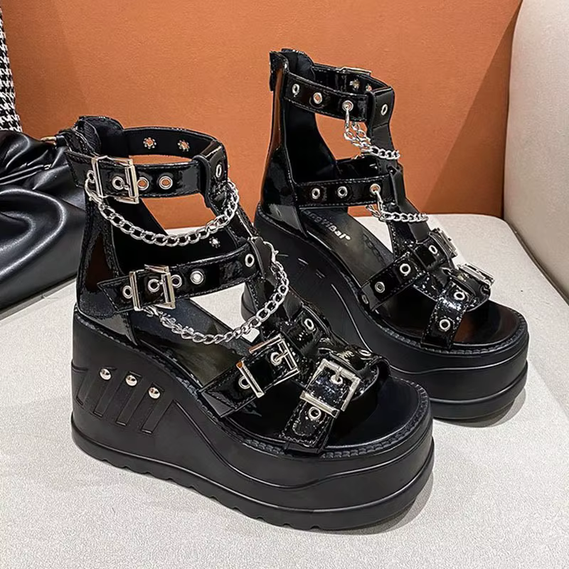 Sandalias cuña 10 cm para mujer con aumento de altura y punta abierta – Estilo gótico - imagen 5