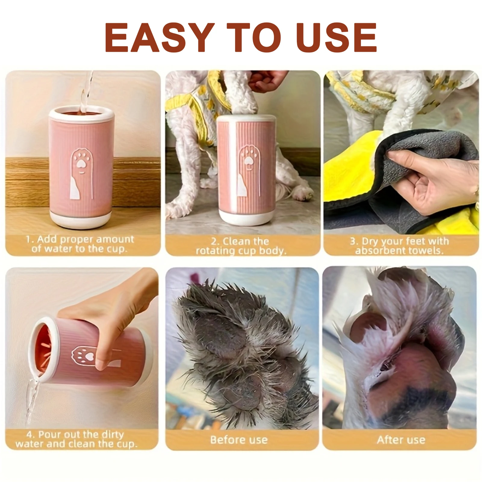 Taza para lavar patas de mascotas en uso