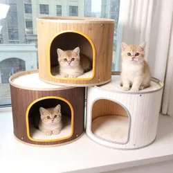 Casa cueva redonda de bambú 2 en 1 para gatos, desmontable transpirable