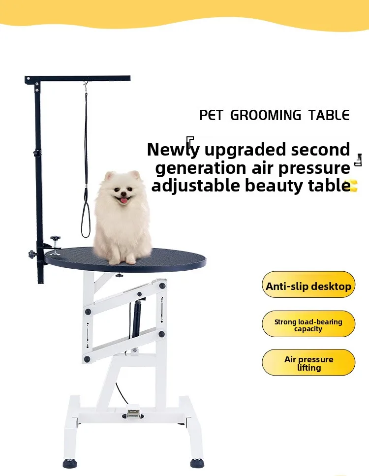 Vista frontal de la mesa de peluquería hidráulica para mascotas