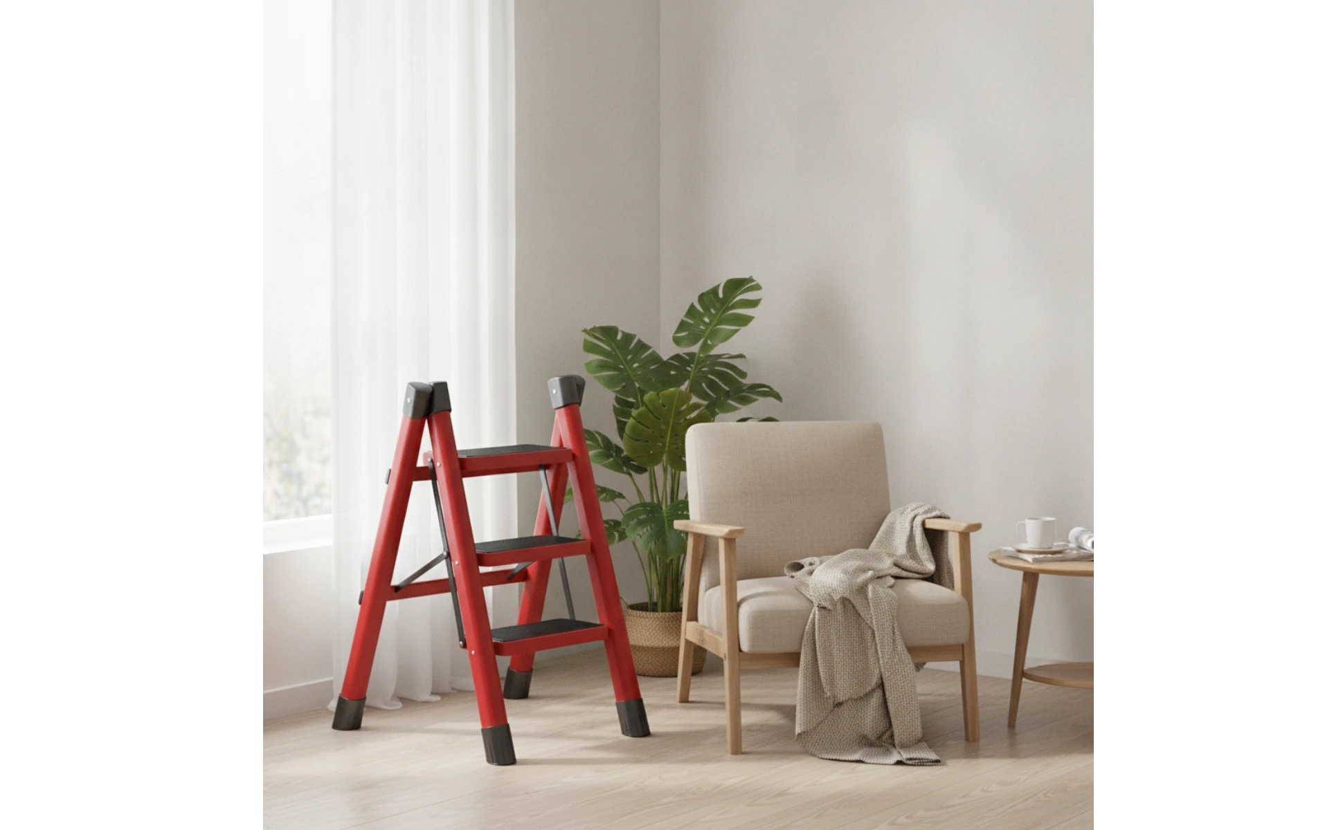 Escalera abierta como soporte para plantas en sala de estar