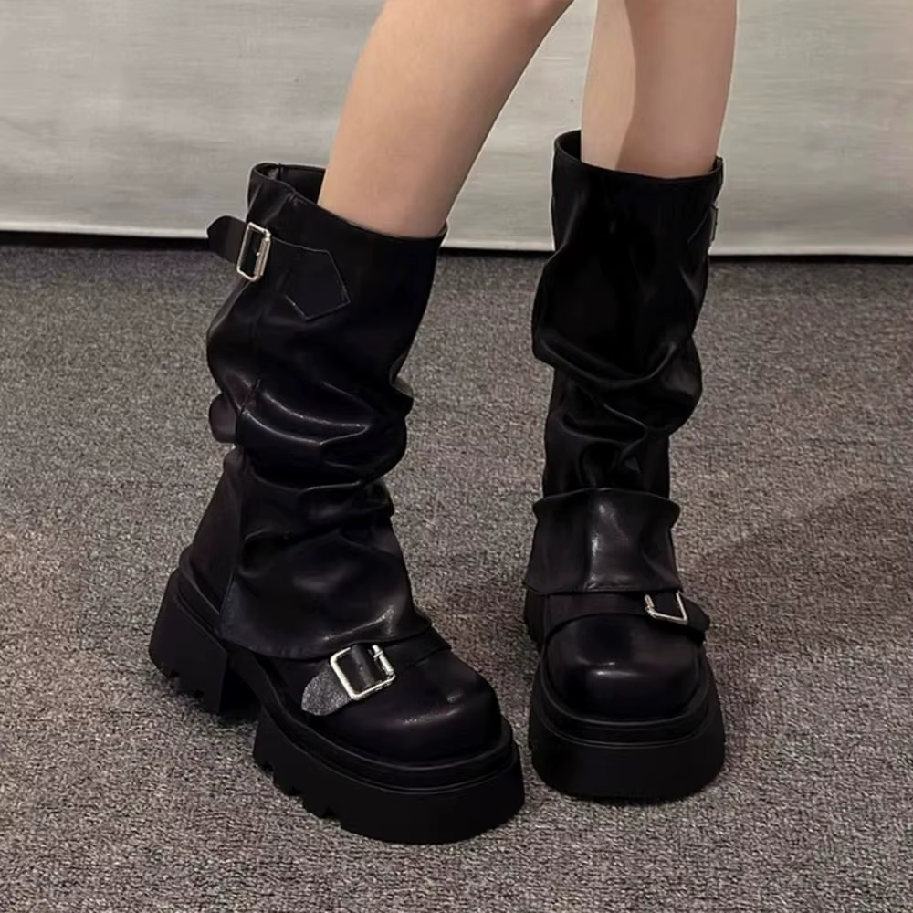 Botas moteras de mujer con plataforma y hebilla estilo punk - imagen 2