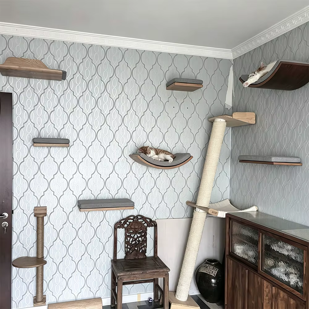 Torre para gatos montada en la pared con hamaca, escaleras y casa - imagen 2