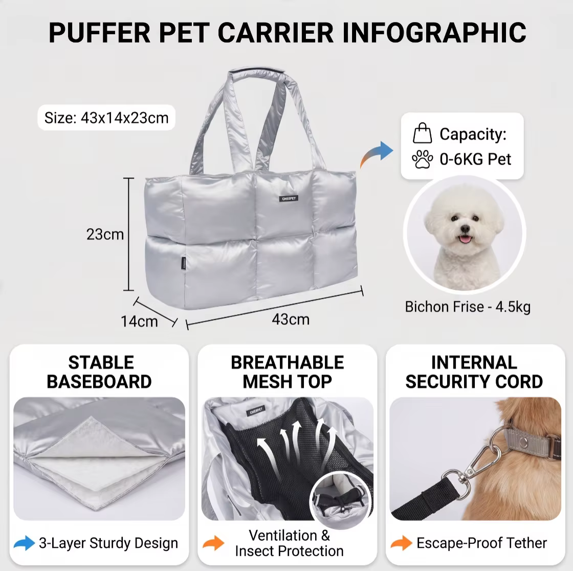 Bolso transportín portátil para gatos y perros pequeños – con gancho de seguridad - imagen 4