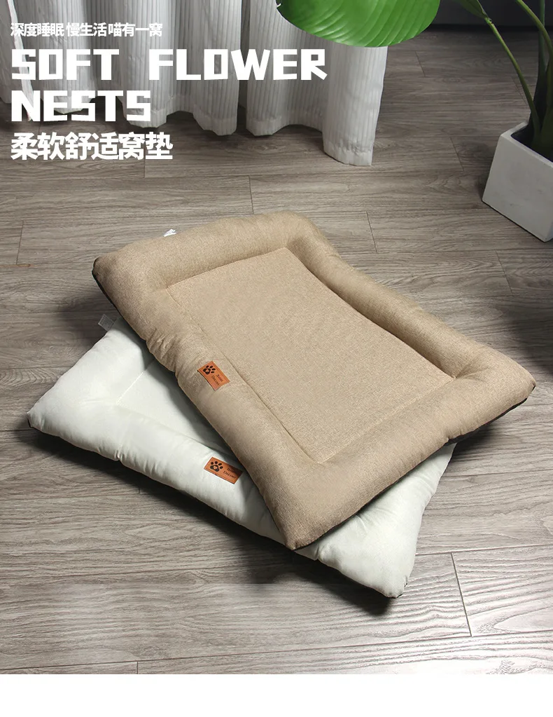 Cama cuadrada para mascotas de algodón y lino